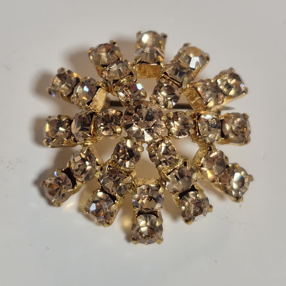 Vintage Austrian Rhinestone and Gold-Tone Domed Shape Brooch